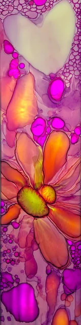 Free abstract flower art bookmark featuring loud orange abstract flowers on pink
